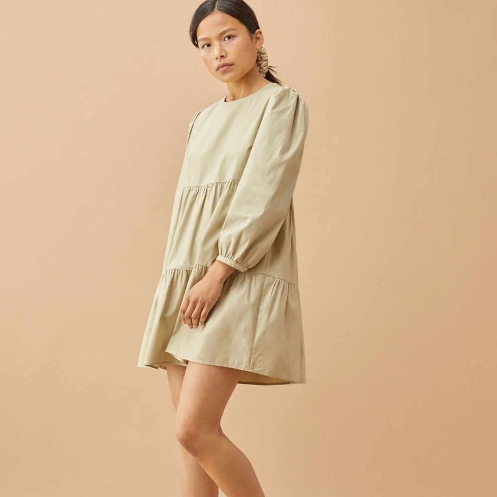 Reformation Olive Green Long Sleeve Tiered Mini Dress